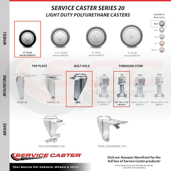 Service Caster 3 Inch SS Black Polyurethane Swivel 3/8 Inch Threaded Stem Caster Brakes, 2PK SSTS20S314-PPUB-BLK-TLB-381615-2-S-2 - main